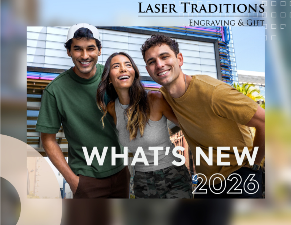 Three people posing together with 'Laser Traditions Engraving & Gift' text overlay.