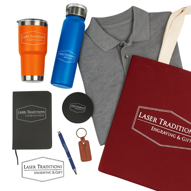 Collection of branded merchandise including a tumbler, water bottle, polo shirt, notebook, pen, keychain, and tote bag with 'Laser Traditions Engraving & Gift' branding.