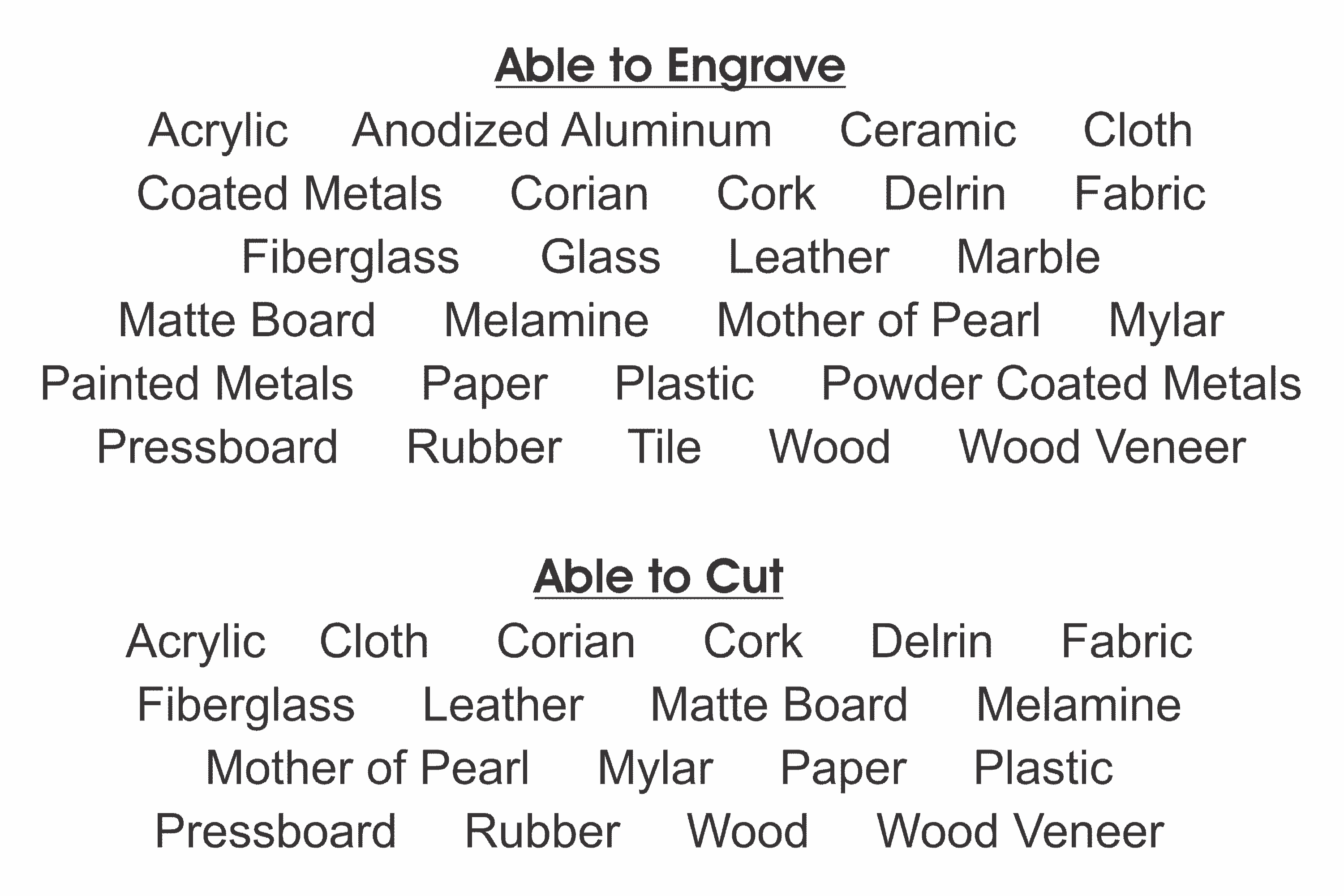 List of materials that laser traditions can work with. Woods, plastics, metals, glass, leather, paper, and rubber.