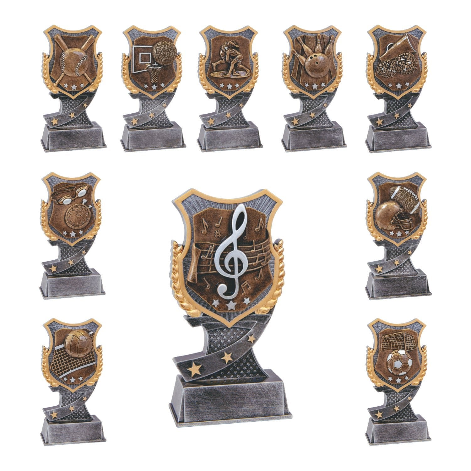 Custom Shield Resin Trophies for Sports and Music - Laser Traditions Engraving & Gift