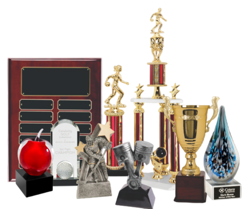 Collection of various trophies and awards on a white background