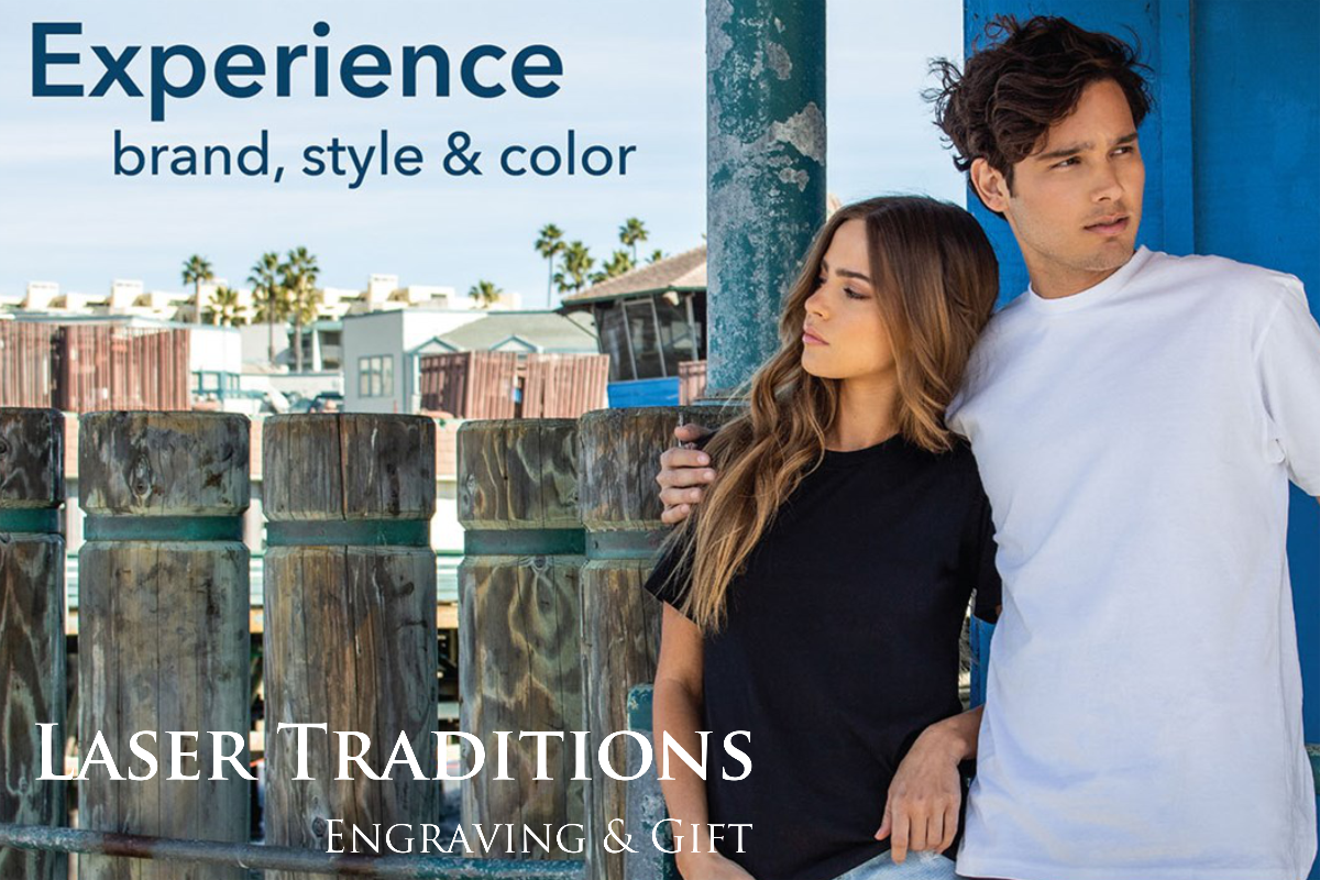 Man and woman standing together with text about brand, style, and color by Laser Traditions.